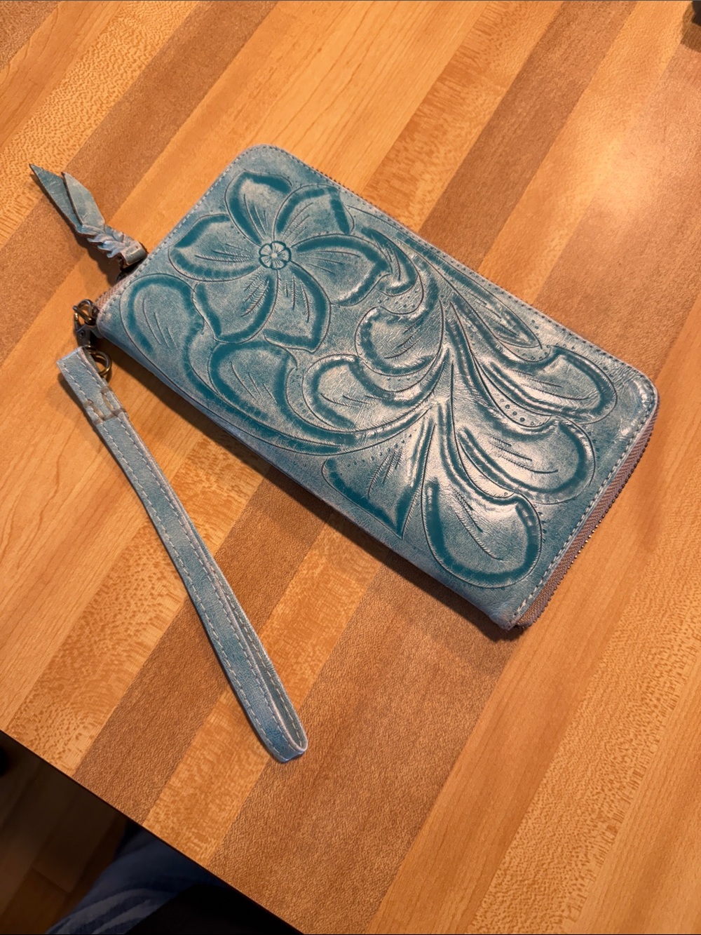 Turquoise Embossed Floral Leather Wristlet Wallet